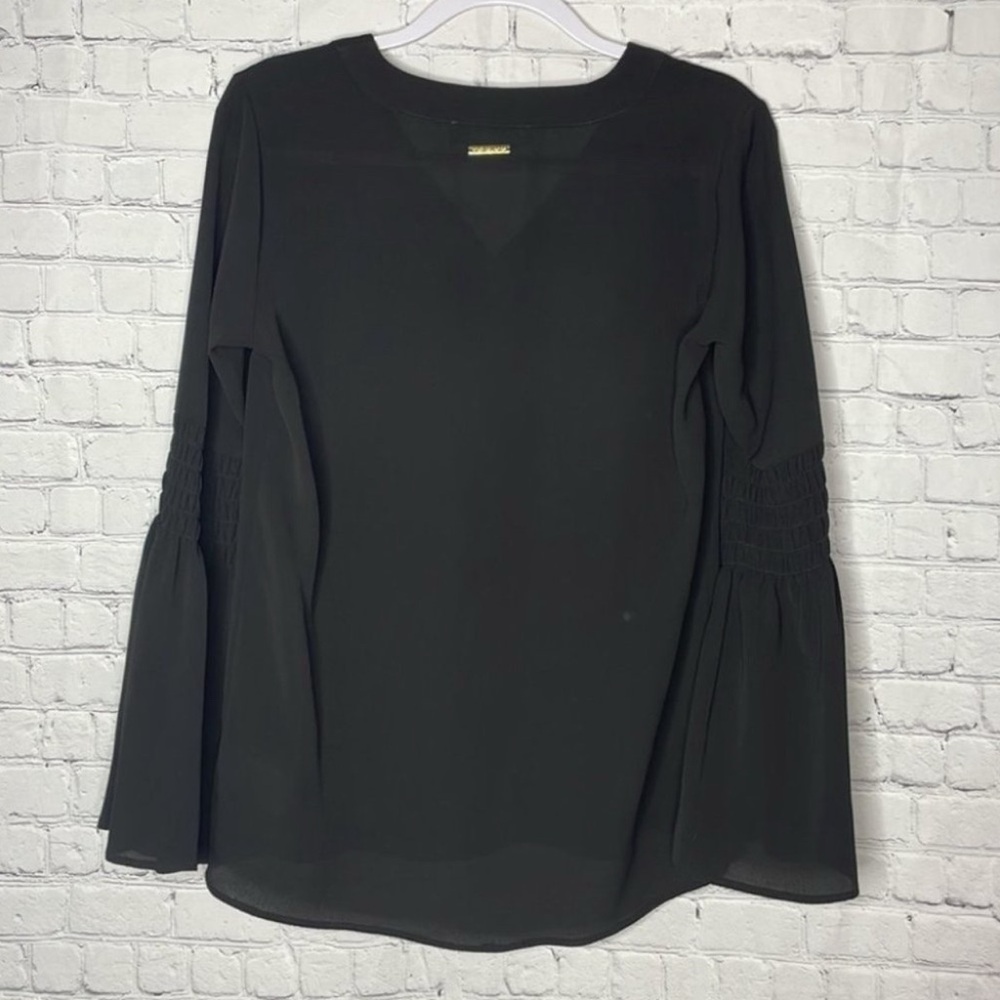 Michael Kors Size S Semi Sheer Black Long Bell Sleeve V Neck Lightweight Blouse - Picture 4 of 7